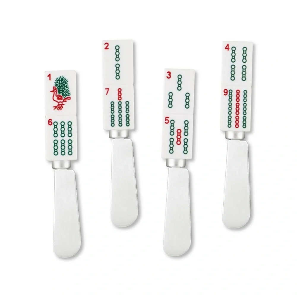 Mahjong Decor 4-Piece Hand Painted Resin Handle with Steel Blade, Bamboo Charm